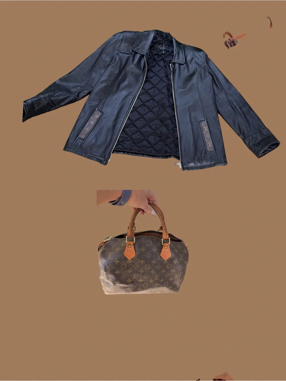 Bogner Black Leather Zip-Front Jacket With Louis Vuitton Trim Pockets